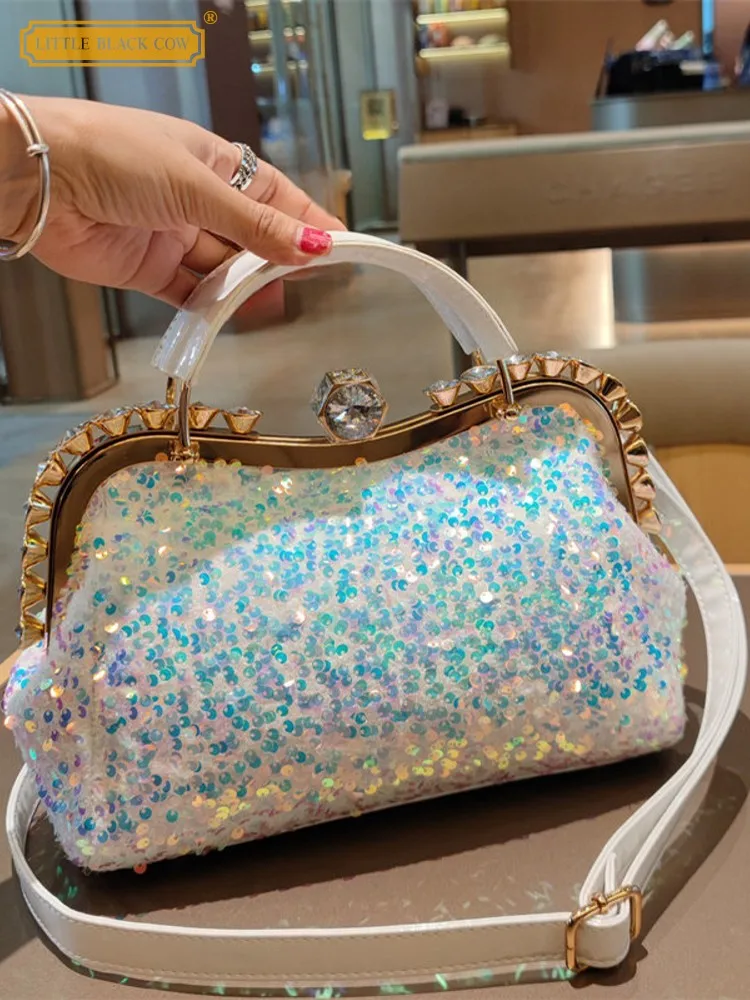 

Designer Women Versatile Fashion Buckle Sequined Patchwork Diamonds Handbag Elegant Lady Casual Crossbody Underarm Shoulder Bag
