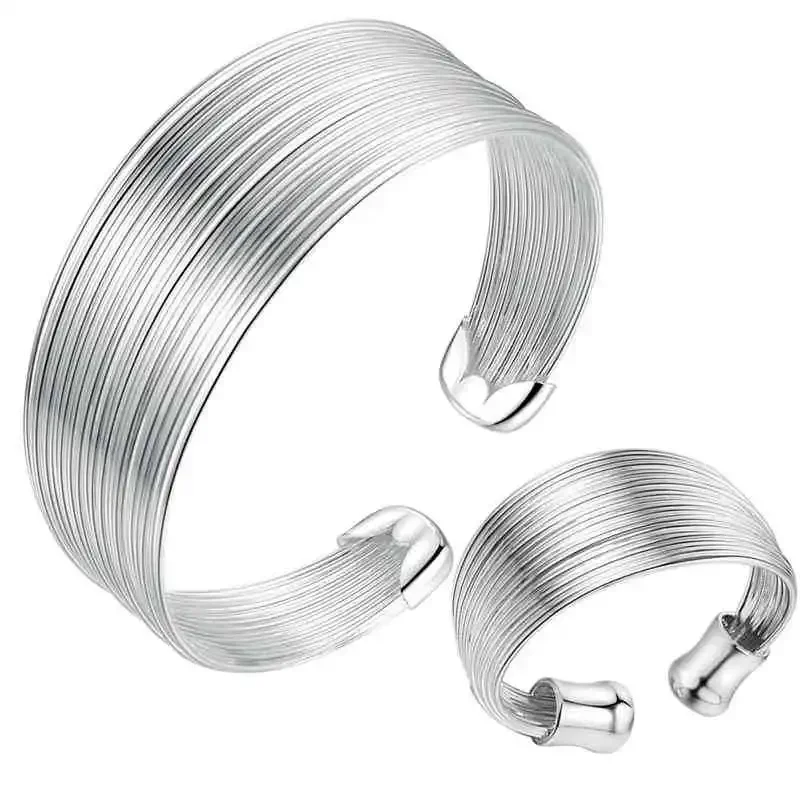 

925 sterling Silver fine Retro Multi-line bangle rings Bracelets Jewelry set women Fashion wedding accessories gifts adjustable