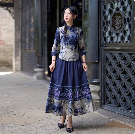 

Женский комплект из хлопка и льна Cheongsam с китайскими классическими элементами, топ и юбка