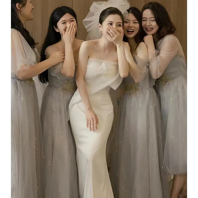 New style2026 light wedding dress simple satin white fishtail bridal gown with small train French style for wedding registration