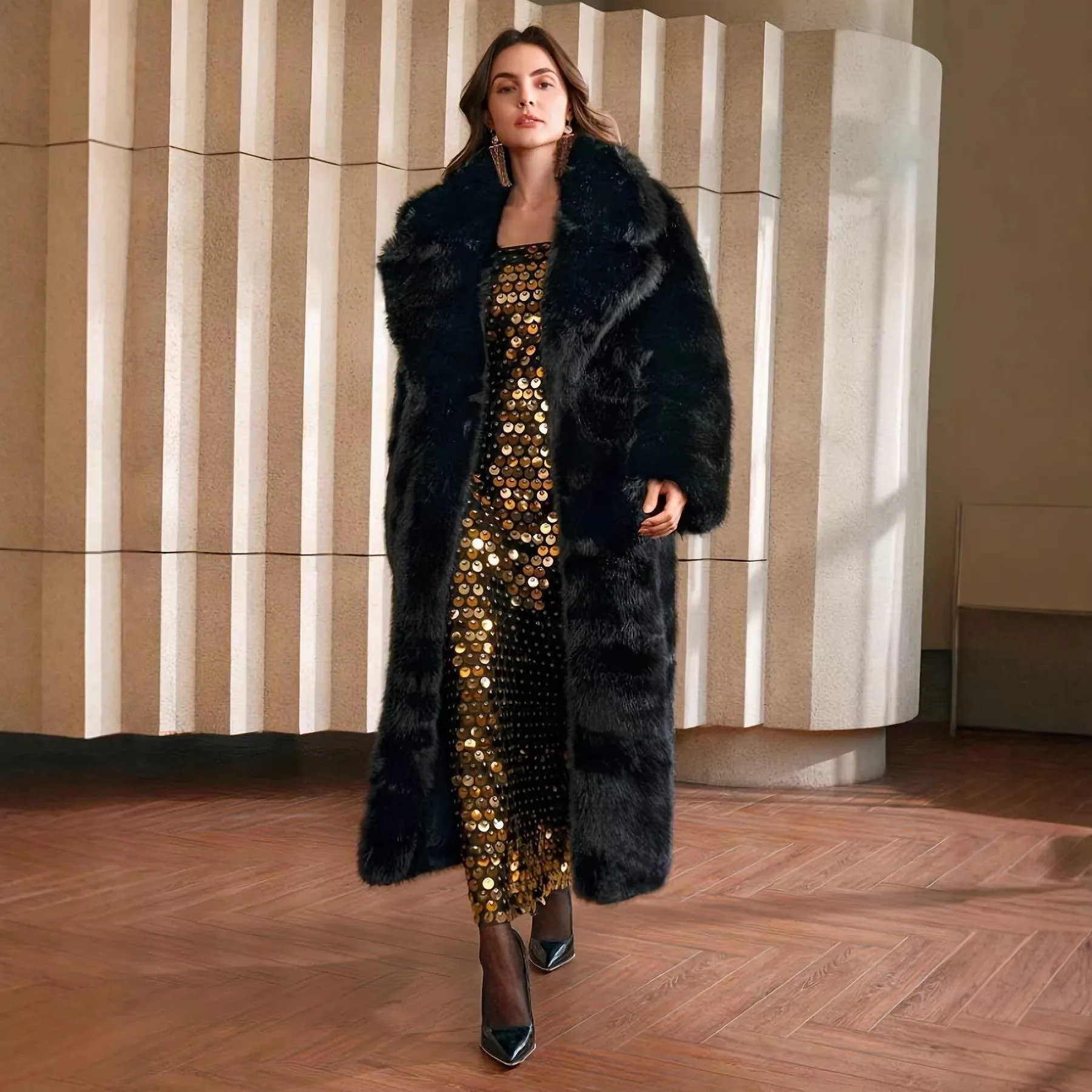 New Cool Girls Faux Fur Coat Long Belted Leopard Print Fox Fur Outerwears Women Autumn Winter Thick Warm Soft Fluffy Overcoat