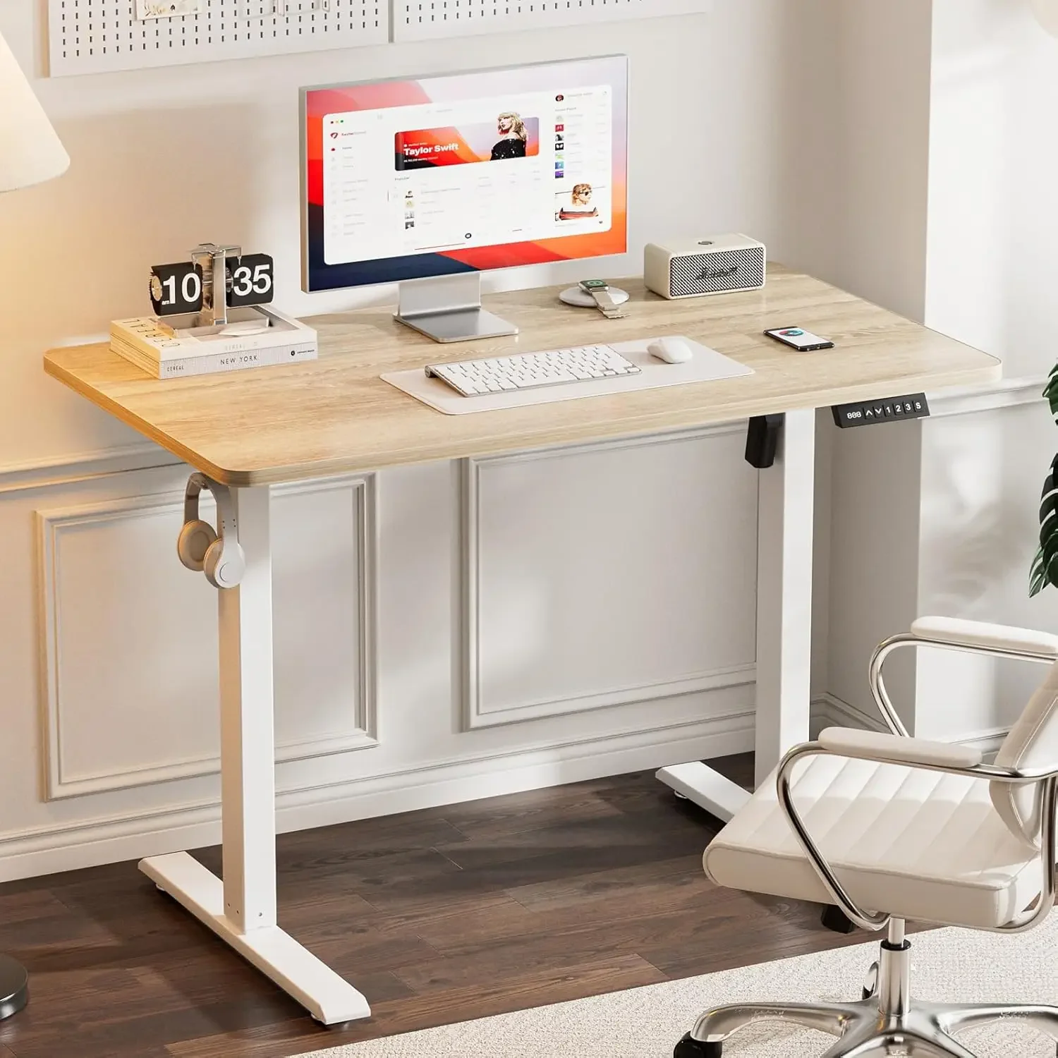 Height Adjustable Sit Stand Desk with Hooks for Home Office, Metal Frame Stand Up Desk with Powerful Mot