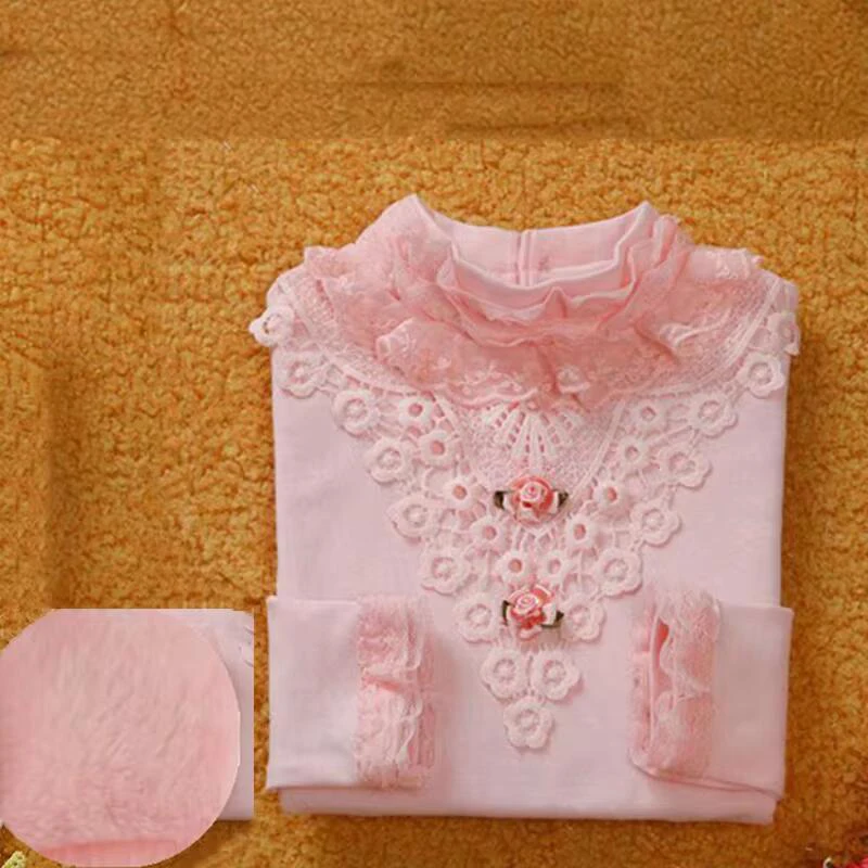Child High Neck Lace T-shirt Sweater Girls Autumn Winter Thicken Long Sleeved Base Layer Shirt Sweet Cute Children's Clothes