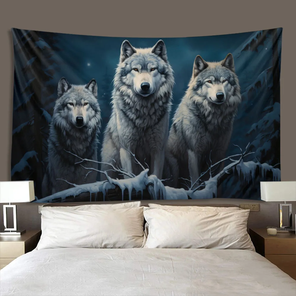 Wolf's Creative Tapestry Full Moon Night Snow Scene Wall Hanging Home Textiles Bohemian Style Room Decoration Background Tapiz