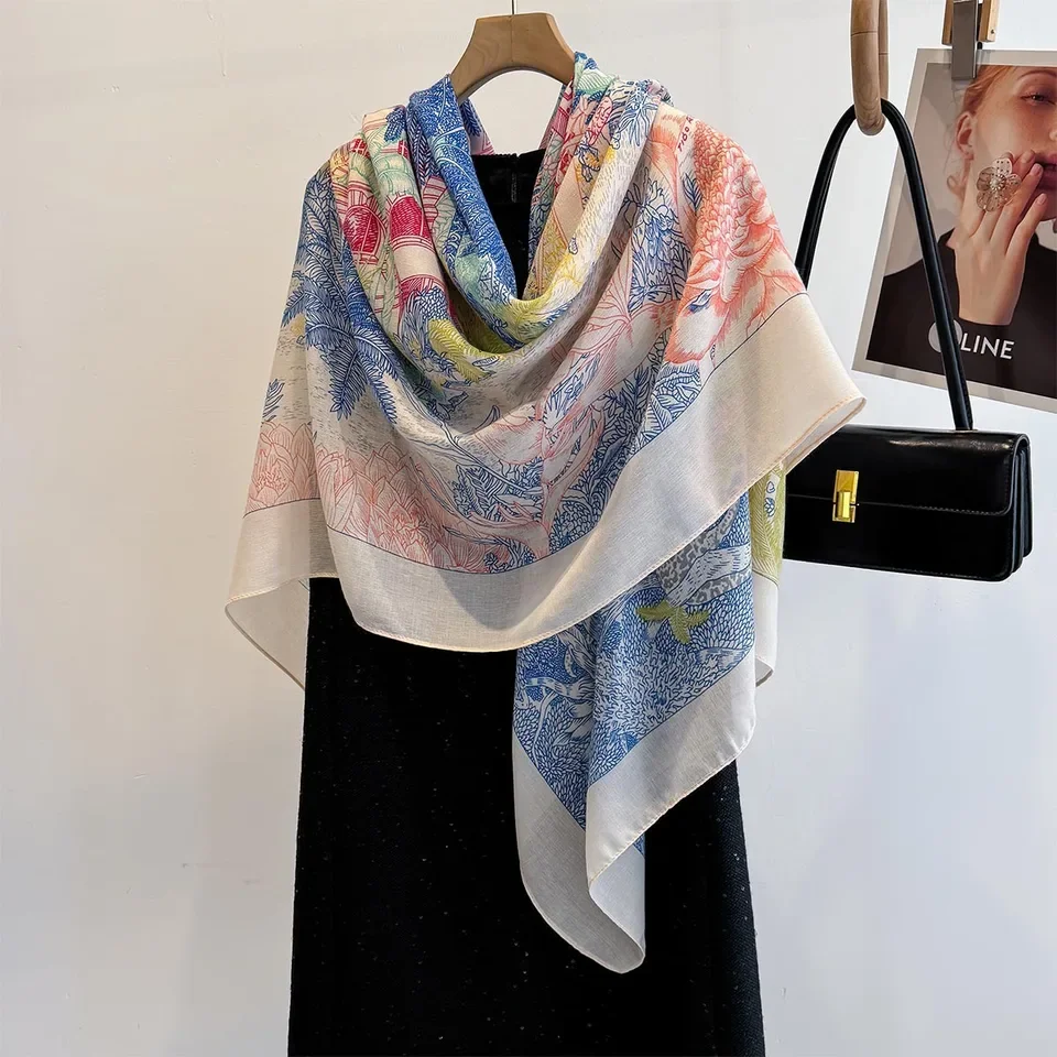 

130x130CM New Luxury Print Satin Silk Square Scarf for Women Summer Shawl Hijab Neckerchief Fashion Wrap Bandana