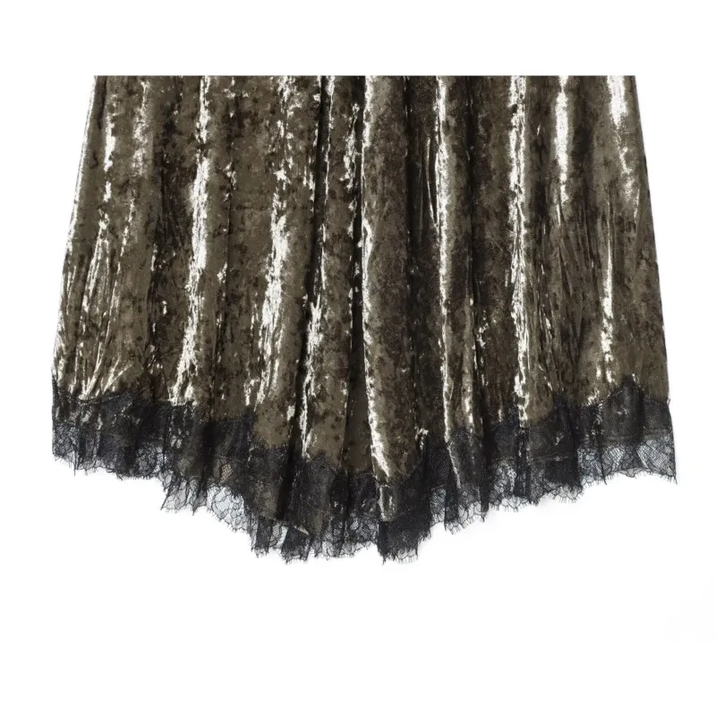 HipSeam النساء الدانتيل المخملية تنورة الخريف عالية الخصر المرأة مطوي تنورة سيدة عادية الجانب البريدي التنانير التنانير النسائية