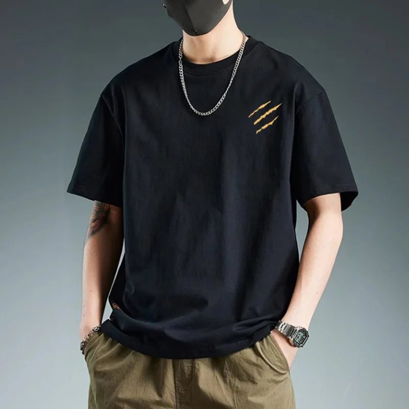 Men's T-shirt - Heavyweight pure cotton summer short-sleeved T-shirt. Men's loose-fitting casual Japanese retro multi-purpose