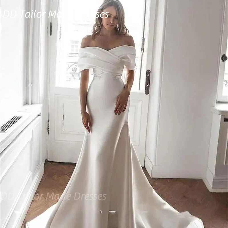Robes de mariée sirène en Satin élégantes, épaules dénudées, Design avec nœud, traîne Court, robes de mariée personnalisées