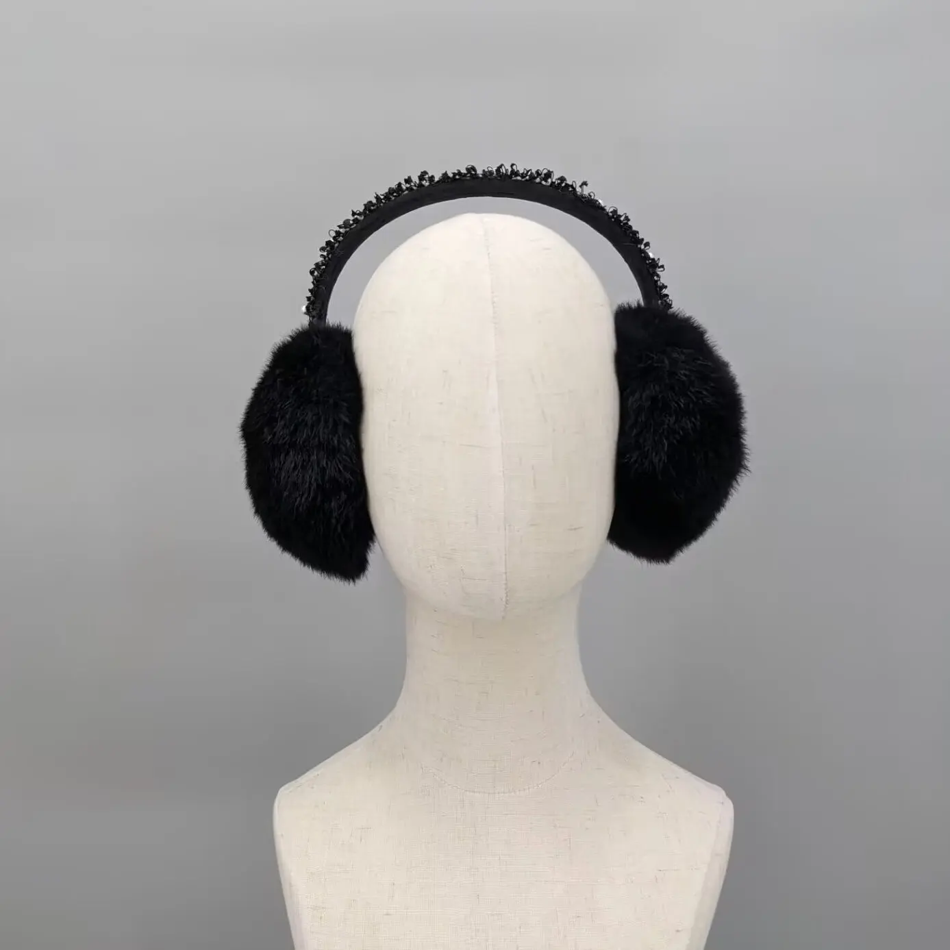 Women Black Real Rex Rabbit Fur Earmuffs Pearl Beaded Coco Style Y2K Fluffy Warm Winter Ear Warmers For Daily Streetwear 23A0805