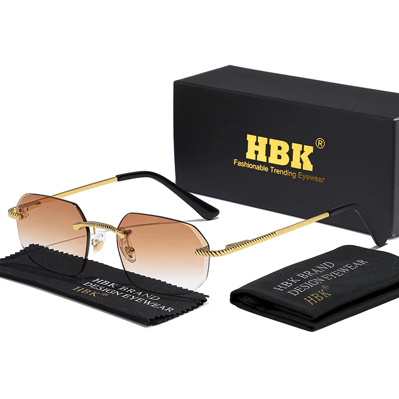 

HBK New Rimless Sunglasses Men's Fashion Polygon Luxury Brand Designer Sun Glasses Women Party Festival Eyewear Gift Case