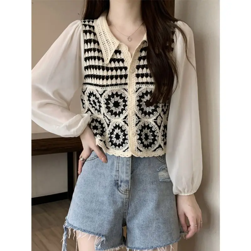 Bohemian Ethnic Style Small Fragrance Chiffon Shirt Women's New Short Cut Hollow Knit Sweater Top