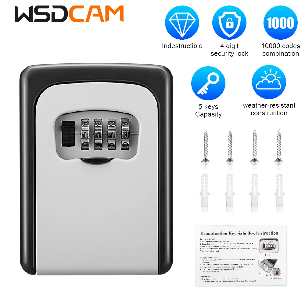 WSDCAM 4 Digit Combination Key Box Wall Mounted Password Key Box Organizer Aluminum Alloy Key Storage Security Lock Outdoor