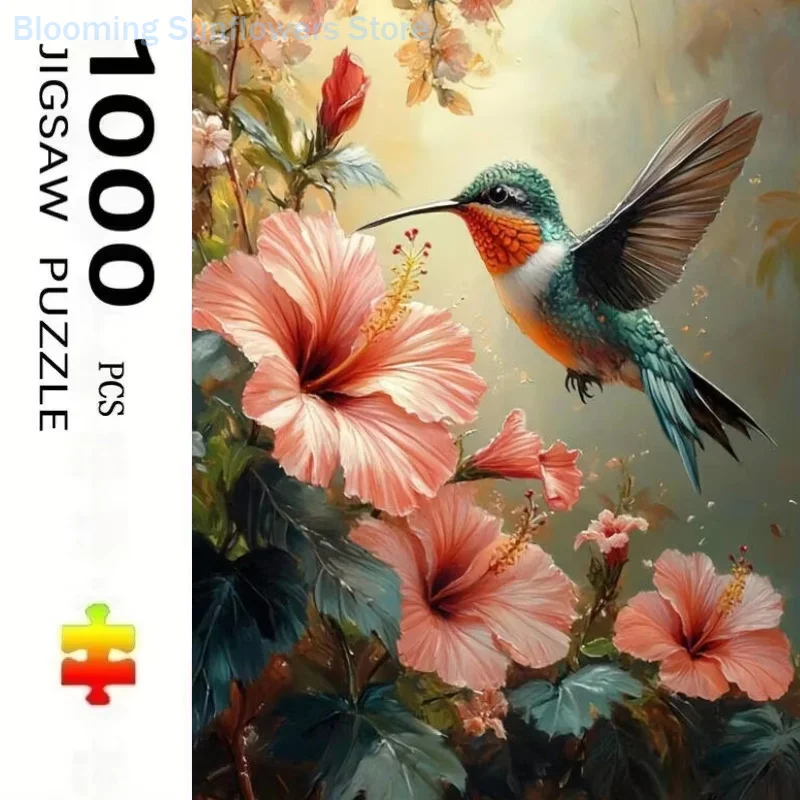 Jigsaw Puzzle 1000 Pieces Bird Animal Pink Flowers Painting Paper Puzzle for Adults,  Relaxing Game, Christmas & Birthday Gift