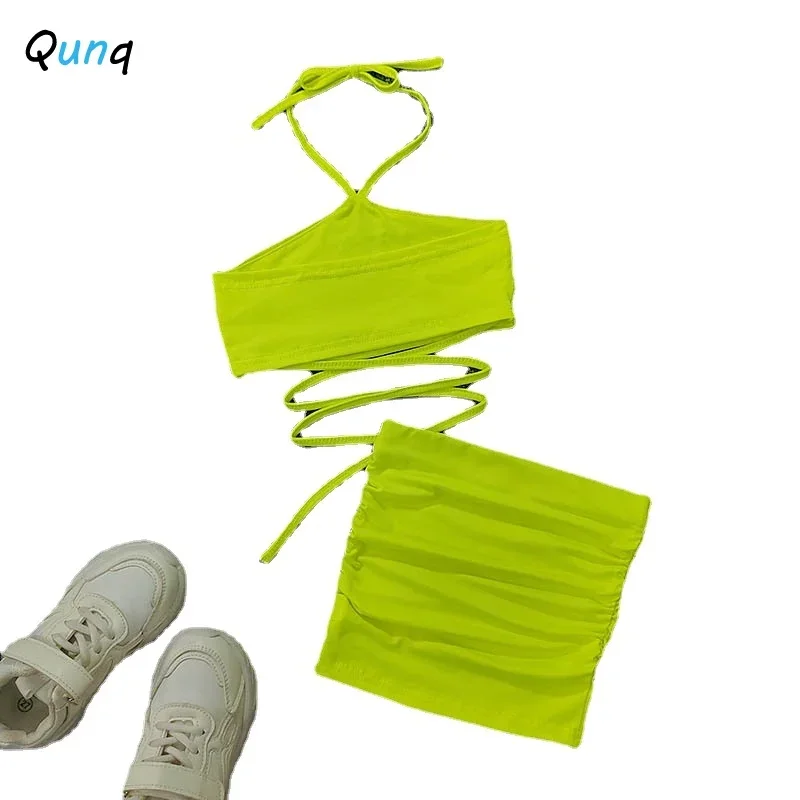 Qunq Summer New Girls Solid Hanging Neck Skinny Sleeveless Top + Skirt 2 Pieces Set Fashion Lovely Casual Kids Clothes Age 3T-8T