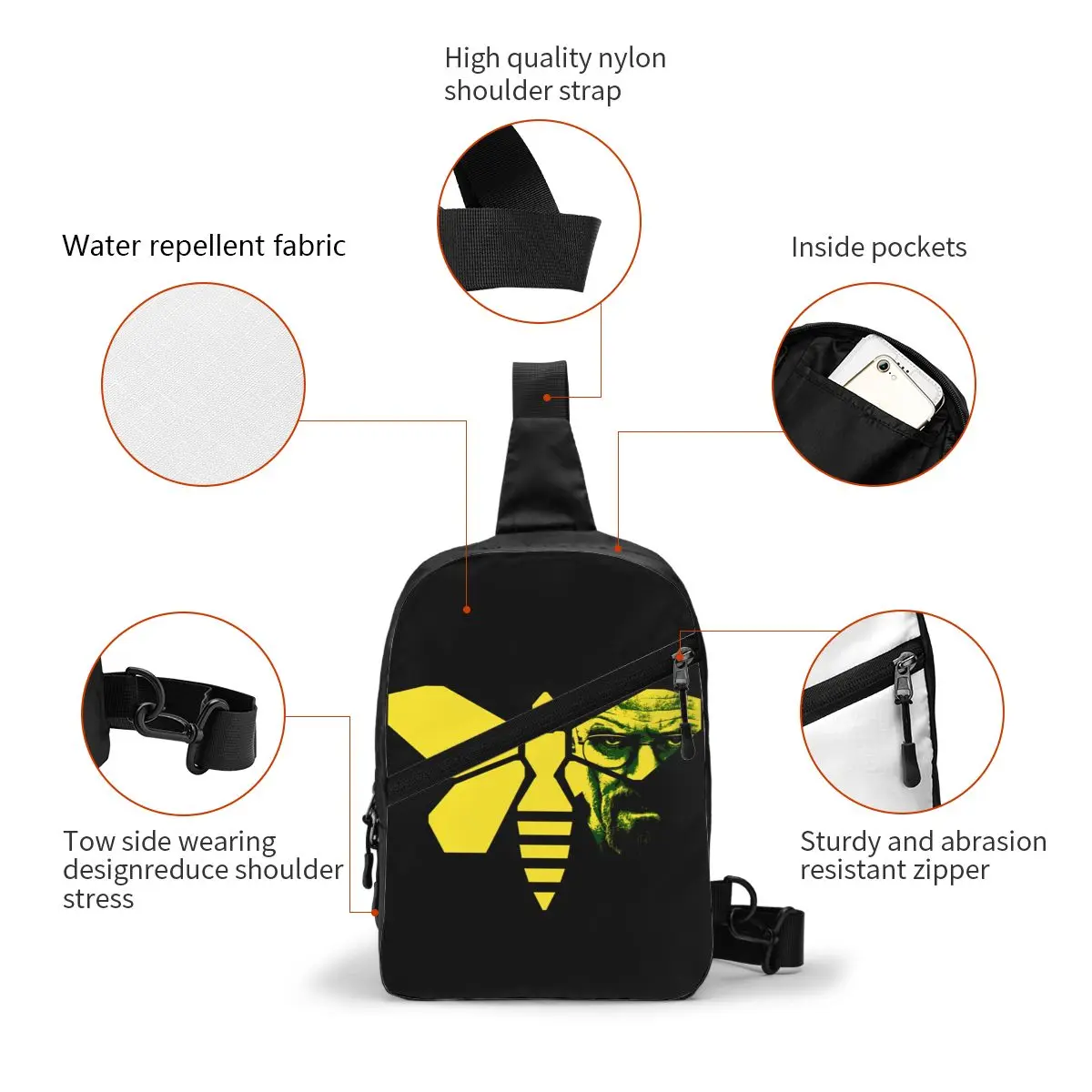 Heisenberg Walter White With Bee Sling Bags for Traveling Men's Breaking Bad Tv Show Chest Crossbody Backpack Shoulder Daypack