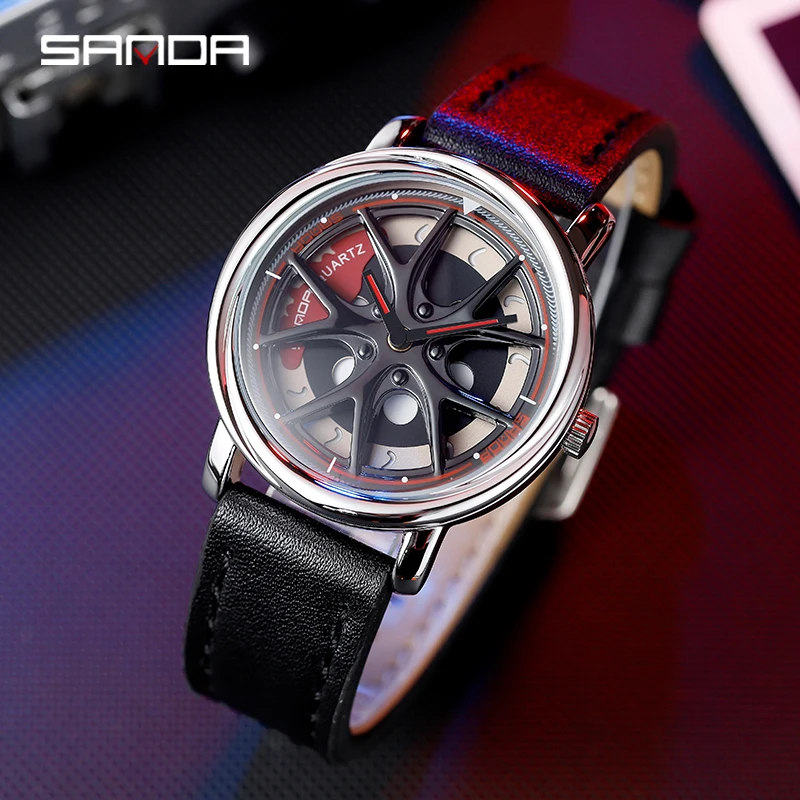 SANDA P1025 2023 Men\'s Quartz Watches Unique Real 3D Model Spinning Car Wheel Hub Luxury Japan Waterproof Super Rim Wristwatches