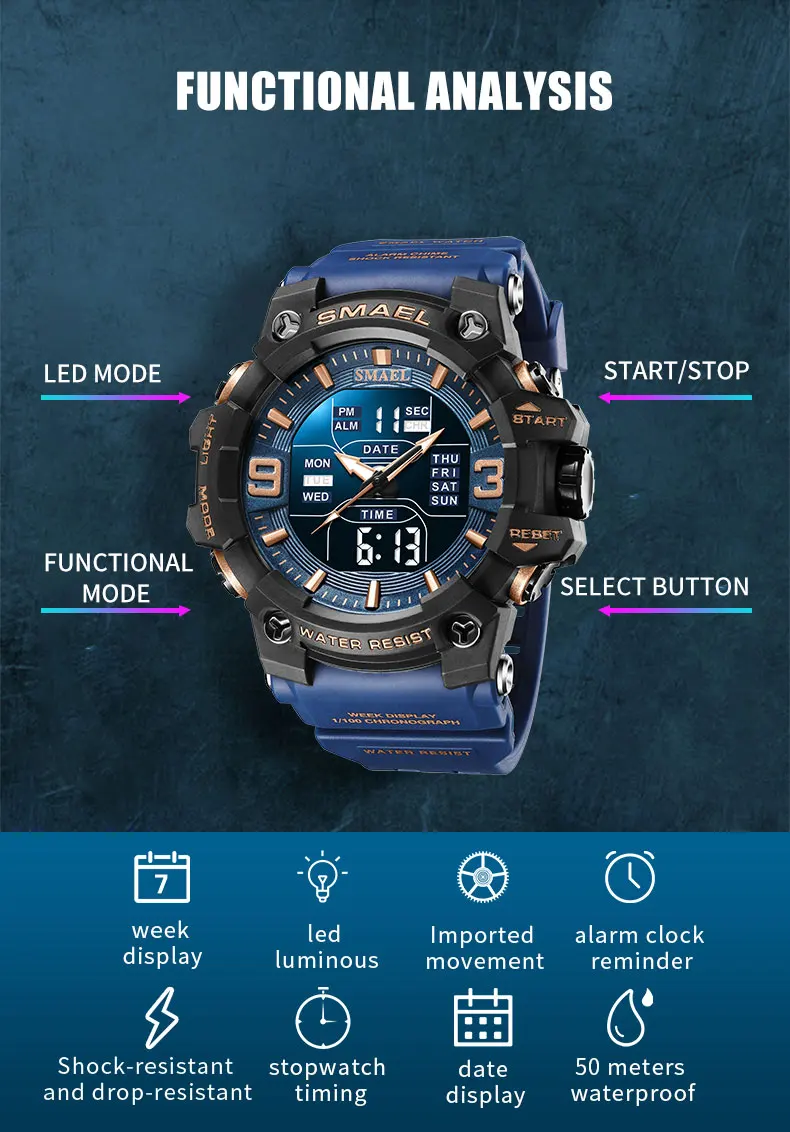 SMAEL 8049 Men's Analog Digital Dual Display Sport Watch - 50M Waterproof LED Backlight Alarm Stopwatch Chronograph Dual Time - view 5