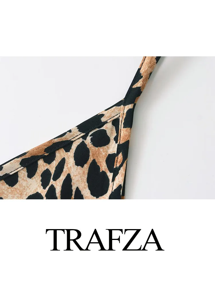 TRAFZA Women 2 Piece Set Vintage Leopard Printed Sexy V Neck Sleeveless Sling Top+Summer High Waisted Zipper Long Skirt Mujer