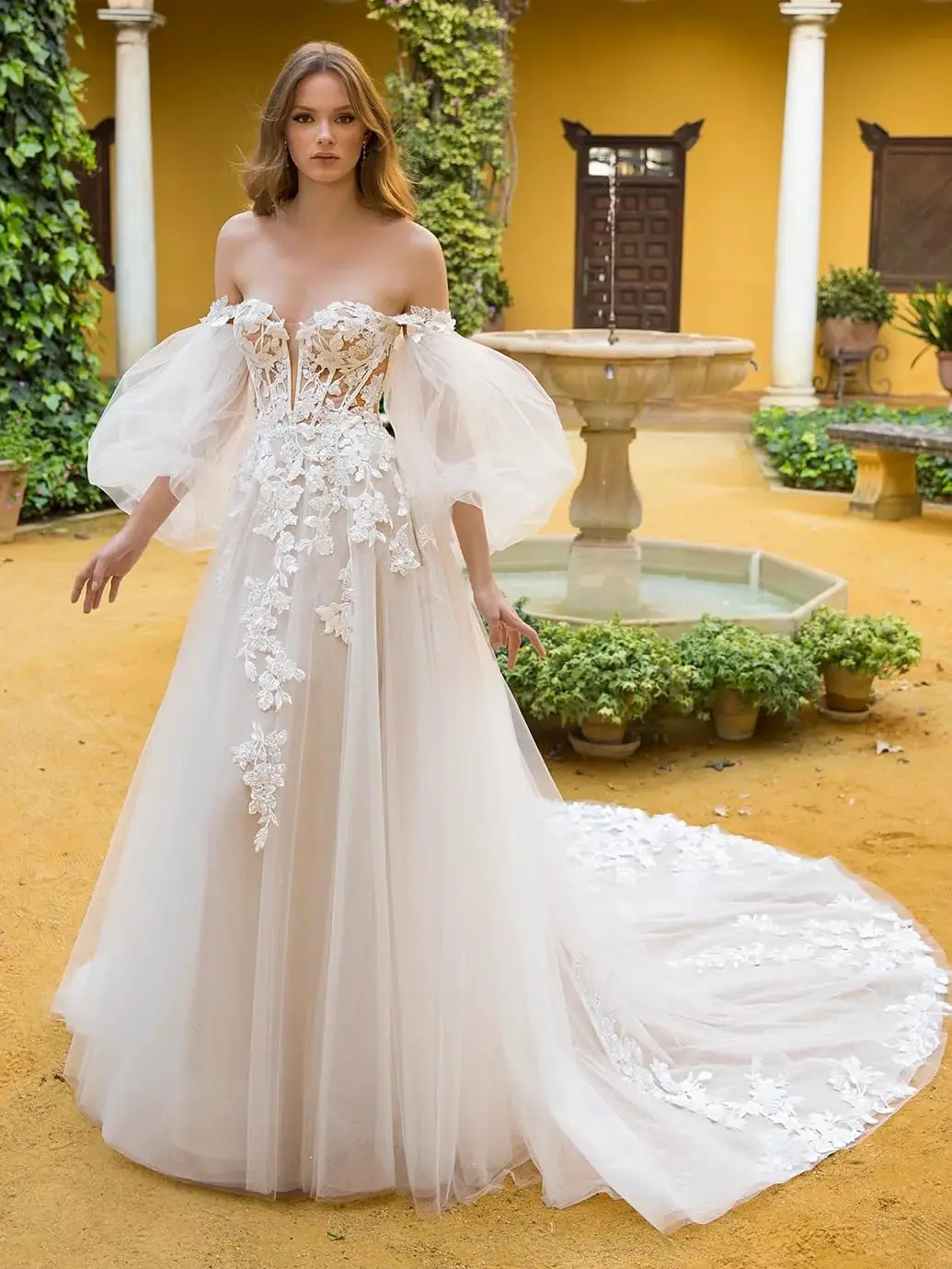 

Off The Shoulder Tulle Wedding Dress for Bride Sweetheart Lace Applique A Line Floor Lenght Formal Bridal Dress