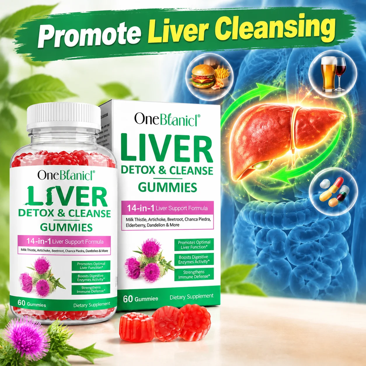 Liver Detox & Cleanse Gummies Promote Liver Cleansing Provide Powerful Antioxidant Protection for Poor Dietary Habits 60 Gummies