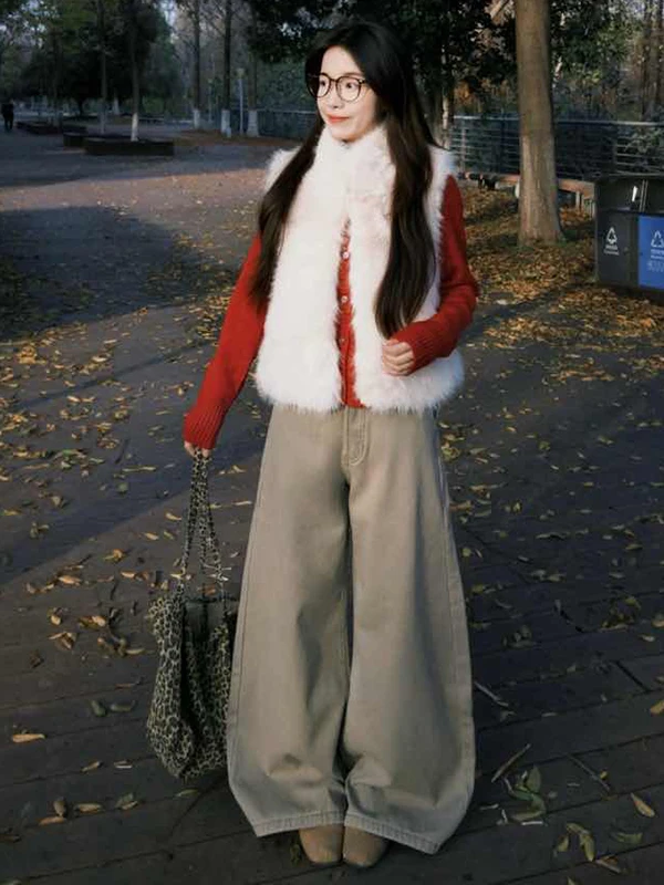 กางเกงยีนส์ทรงตรงขากว้างสไตล์อเมริกันเรโทรสีกากี  บุซับใน  ทรงหลวม  สำหรับผู้หญิง  ใส่ได้ทั้งฤดูใบไม้ร่วงและฤดูหนาว