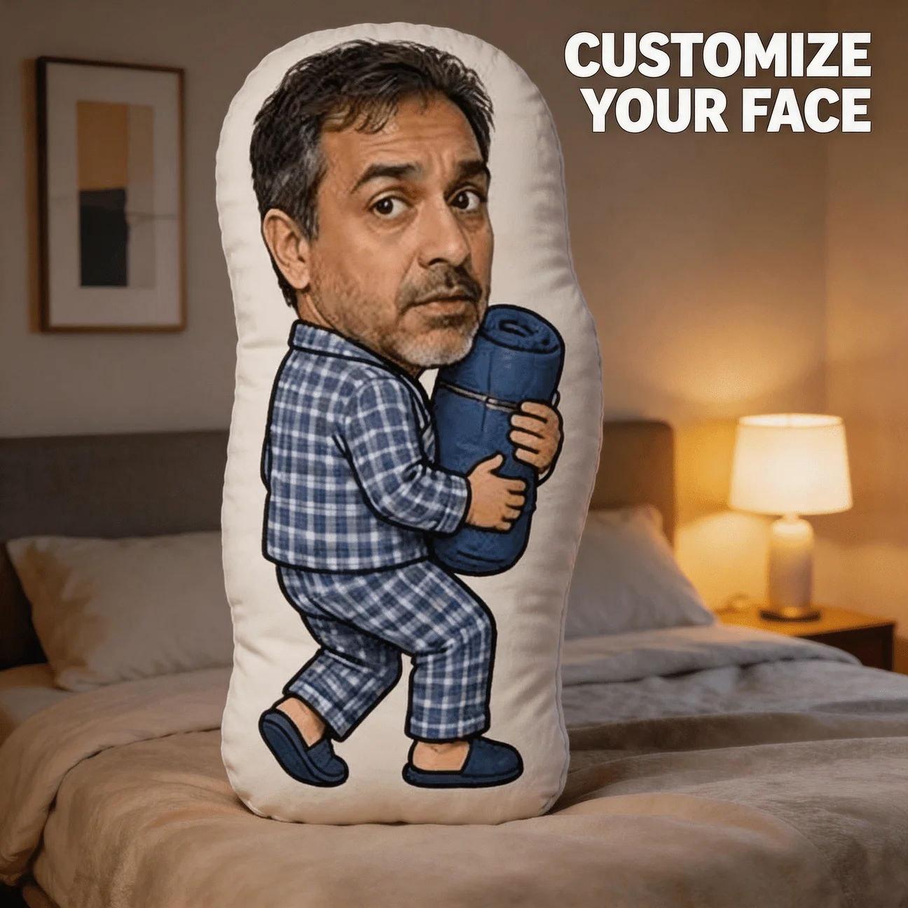 Custom Face Funny Shaped Pillow, Personalized Photo for Man in Pajamas Holding Blue Roll Decorative Cushion, Novelty Gift for Hu