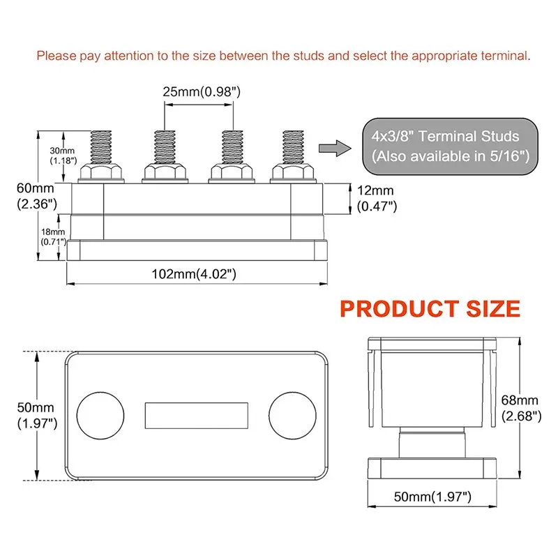 ABRU-3X 600A Bus Bar 4-Stud (3/8 Inch) M10 High Current Copper Busbar Terminal Block Marine DC 12V 24V 48V With Cover(Red)