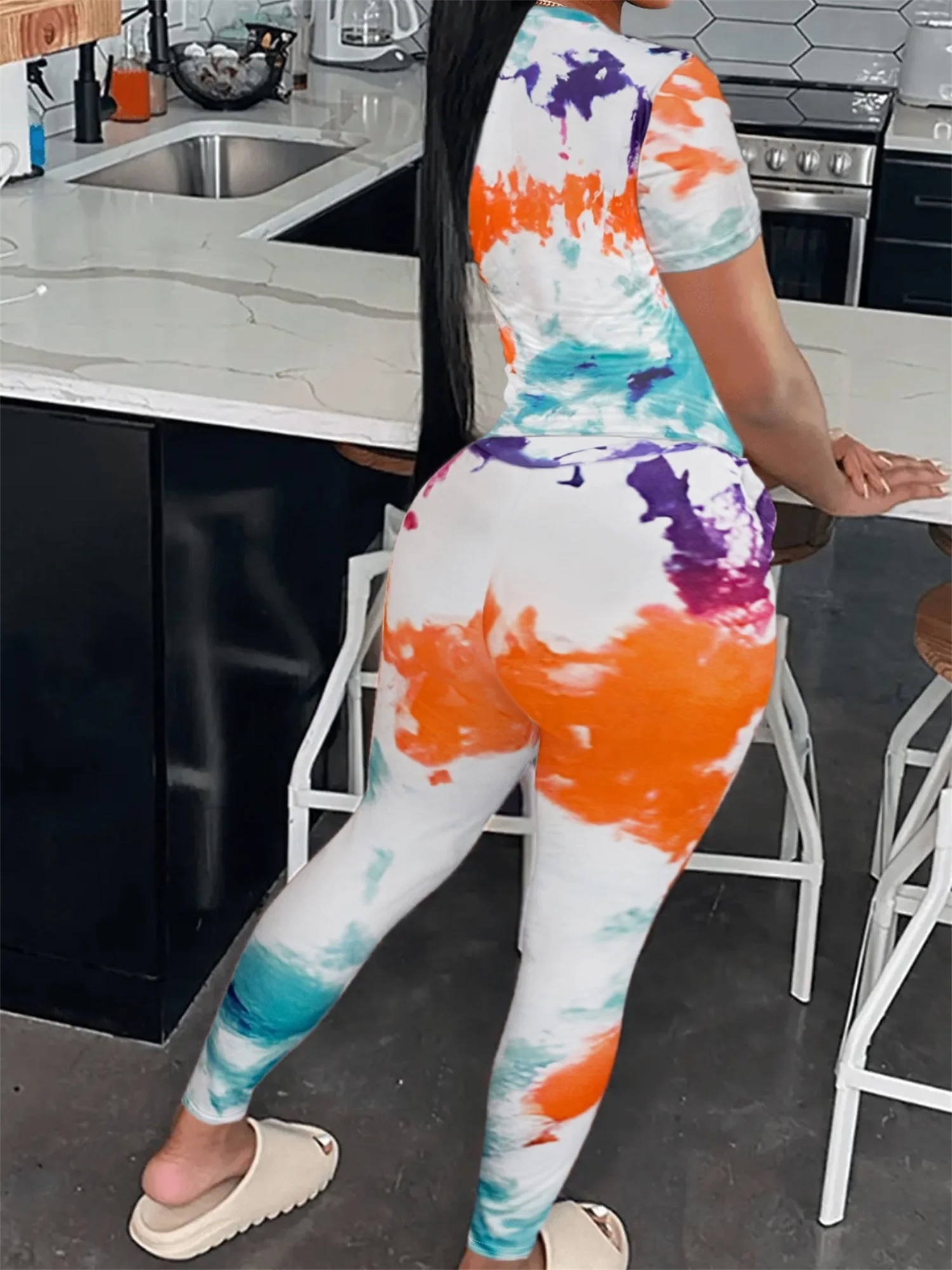 LW Multicolor Two Pieces Pant Suits Casual Tie Dye Print 2pcs Pants Set Short Sleeve Crew Neck T-shirt & Skinny Color Block Pant