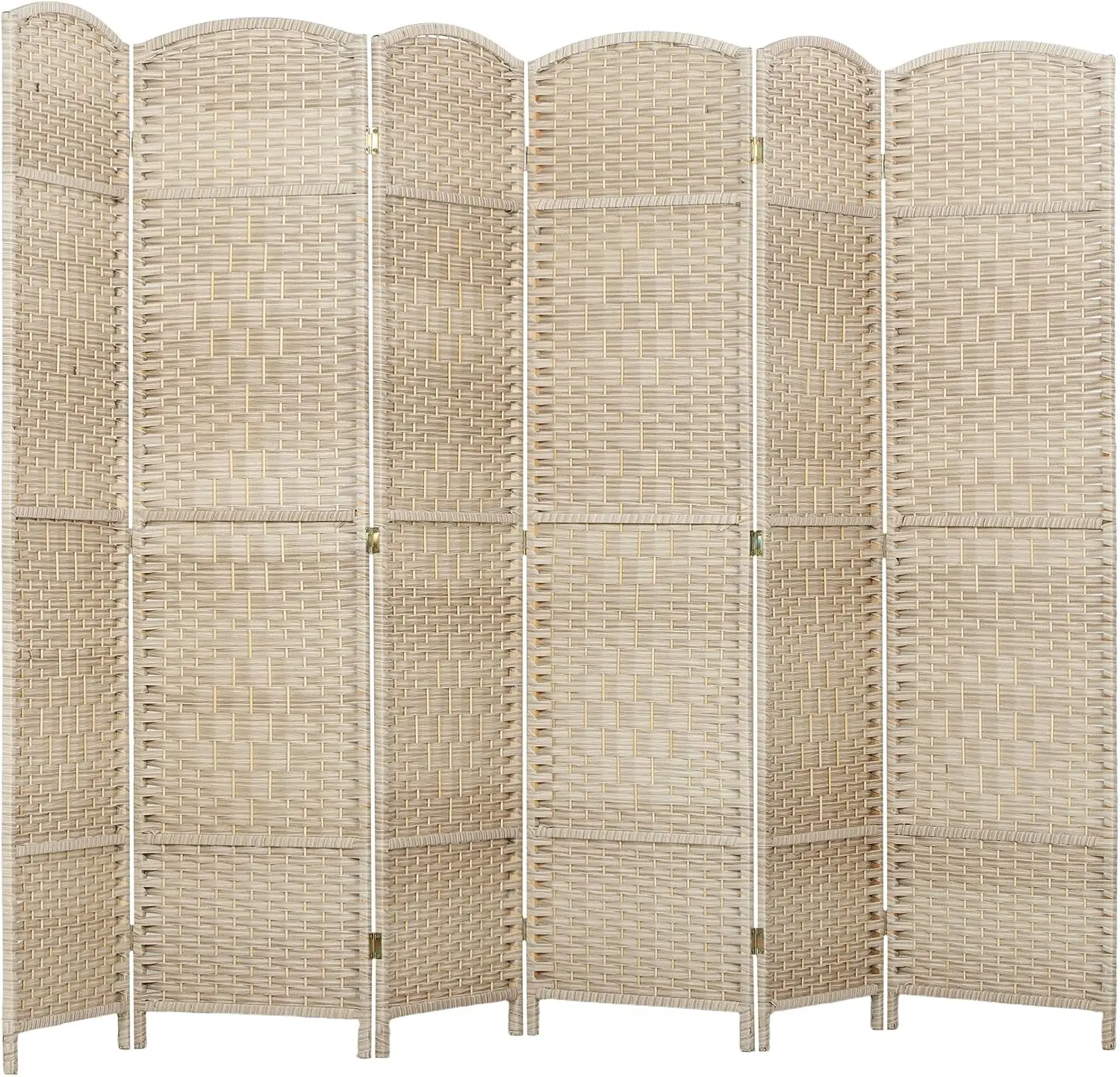6 Panel Room Divider 6 Ft Privacy Screen Hand-Woven Washed Oak | Folding PP Wall Partition, Pine Wood Frame, Freestanding Room S