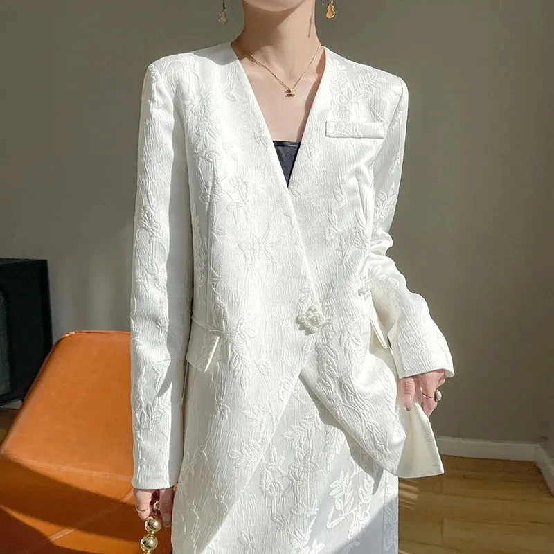 

Chinese style button up Blazer Suit Jackets, 2024 New, Spring Autumn Flower Plate Button Blazers Coats, Office Lady White Tops