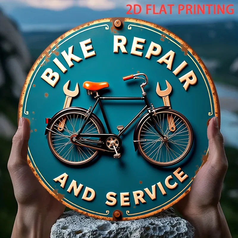2D Printed Vintage Bicycle Repair Theme Round Wood  Wall Decor Plaque, American Rustic Style Hanging Piece with Wrench