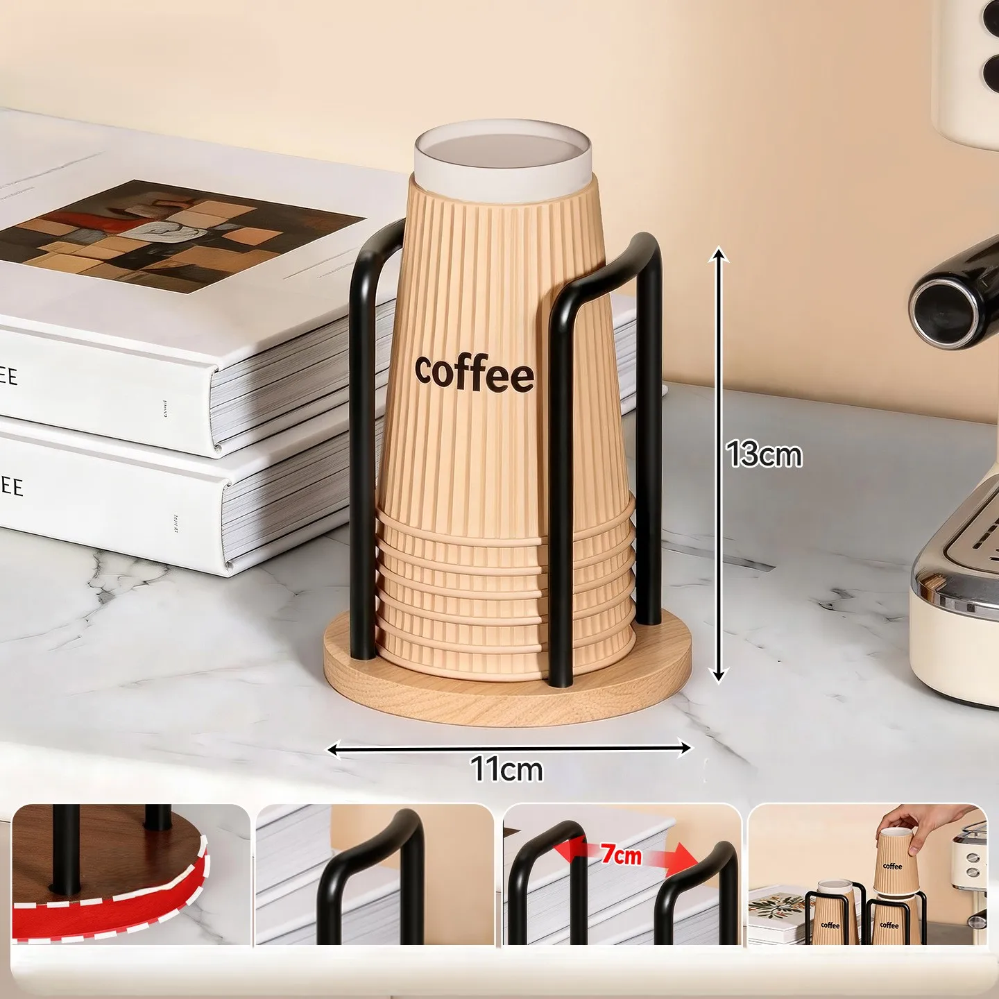 Disposable cup dispenser desktop paper cup holder, solid wood dustproof cup tray for holding cups, water cups, coffee cups, and