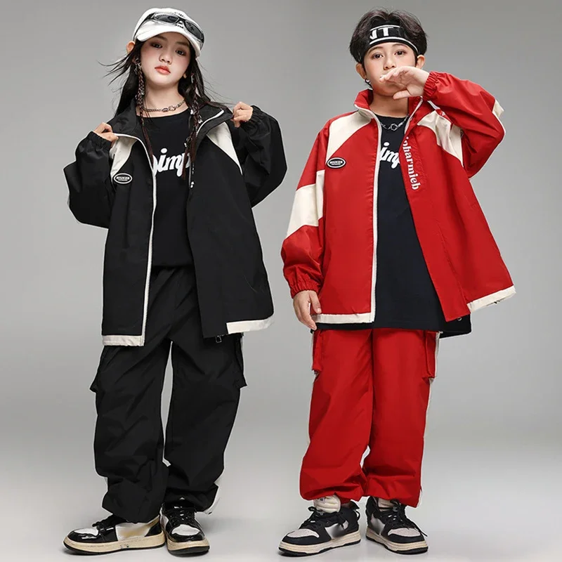 

Jazz Hip Hop Dance Costume Children Street Dance Clothing Kids Dancer Team Stage Outfit Red And Black Jacket Sweater Pants