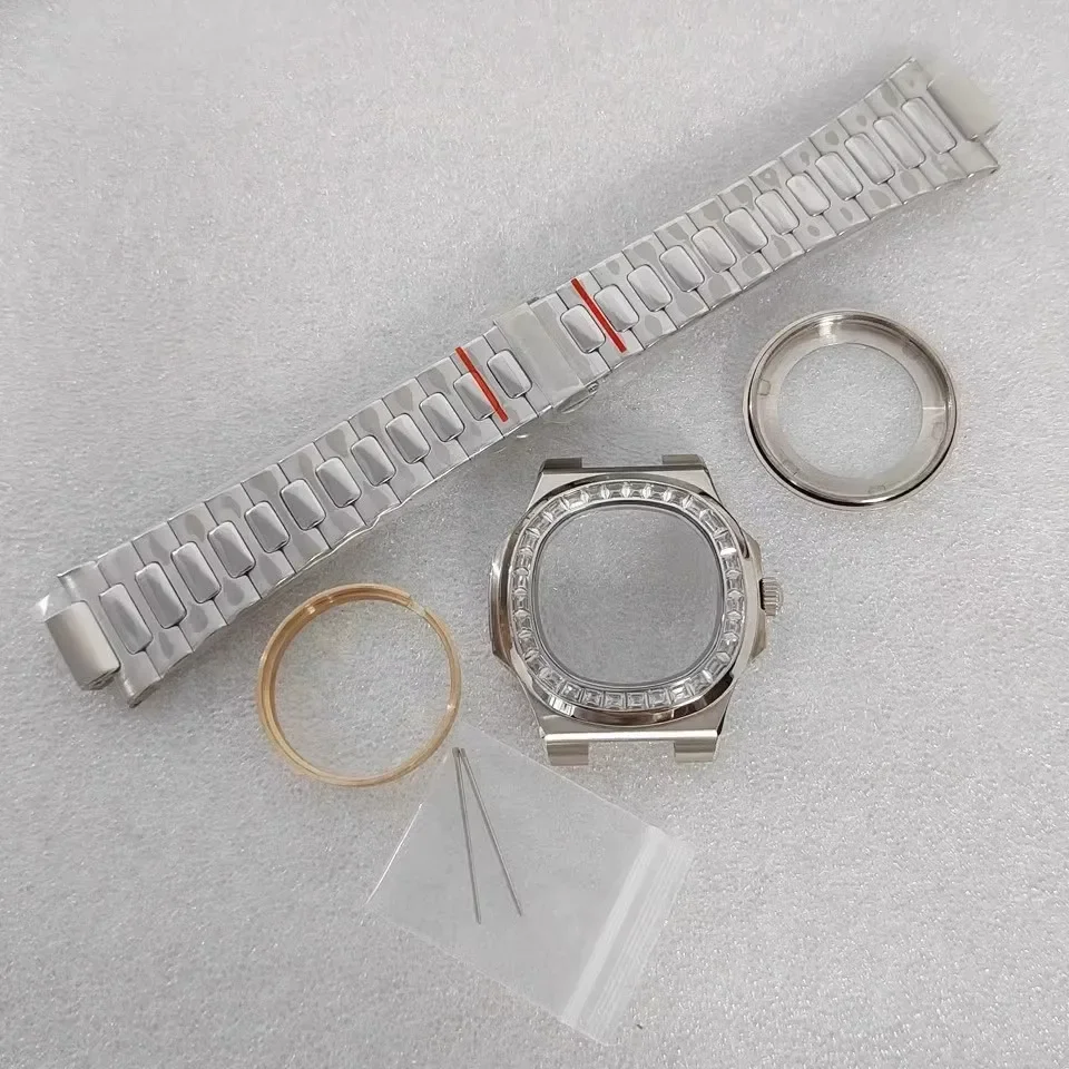 New Watch Accessories 41mm Case with Diamonds PP Nautilus Black Case + Strap with NH35 NH36 Movement for 30.5mm Dial