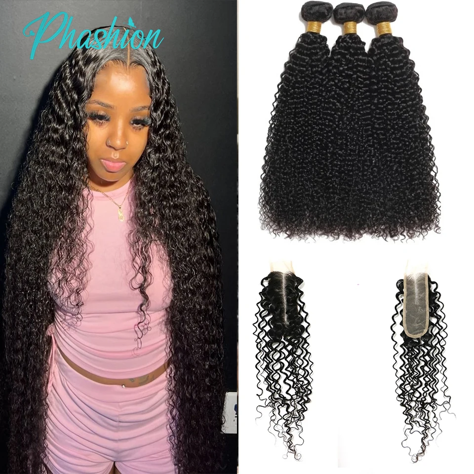 

Phashion Kinky Curly Human Hair Bundles With 2x6 Deep Part Closure HD Transparent Brazilian Jerry Curl Weave and Closures Soft