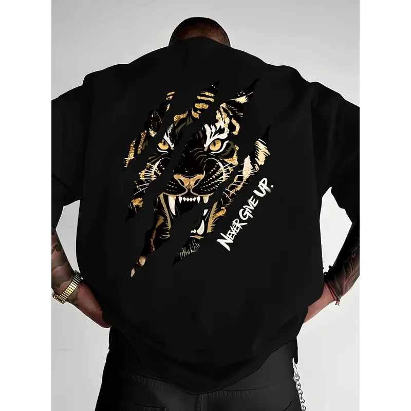 Tiger Claw Mark Never Give Up Print on Premium Soft 100% Cotton Mens T Shirt Perfect for Summer Streetwear and Bold Style