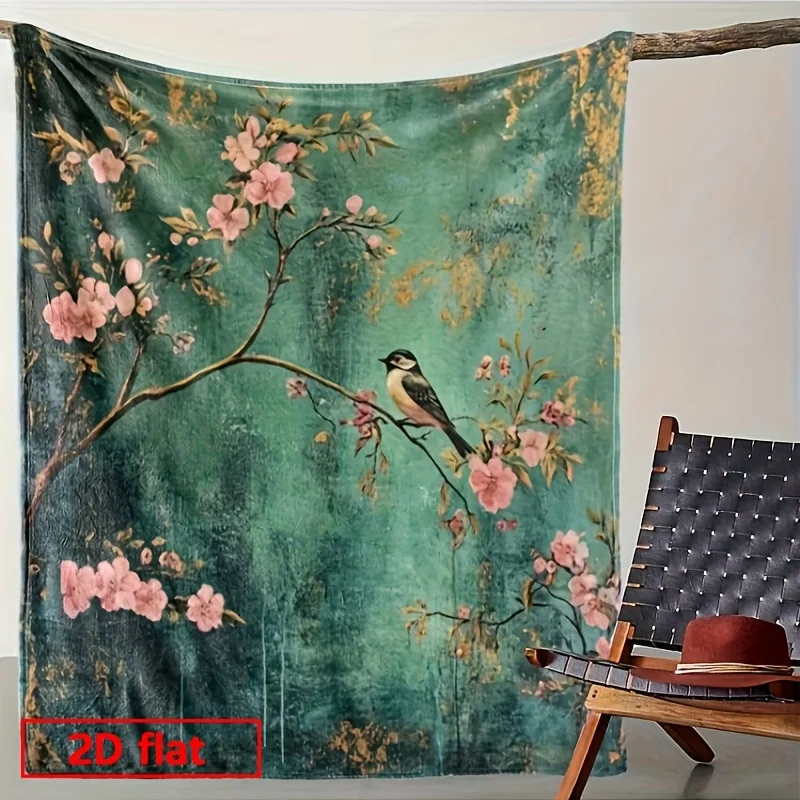 2D Flat Printed 1pc Flannel Vintage Floral Cherry Blossom And Bird Print Flannel Blanket Soft Warm All Season Casual Sofa Bed Ca