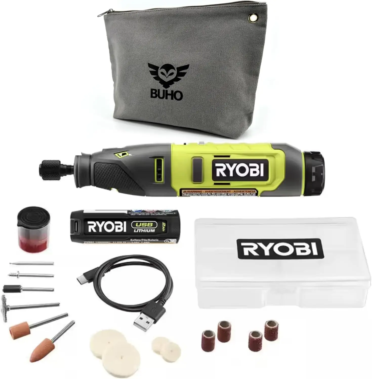 Kit Bundle with Ryobi Lithium Rotary Tool, 15 Piece Accessories and Buho Zipper Pouch - Cordless Convenience, Quick-Change