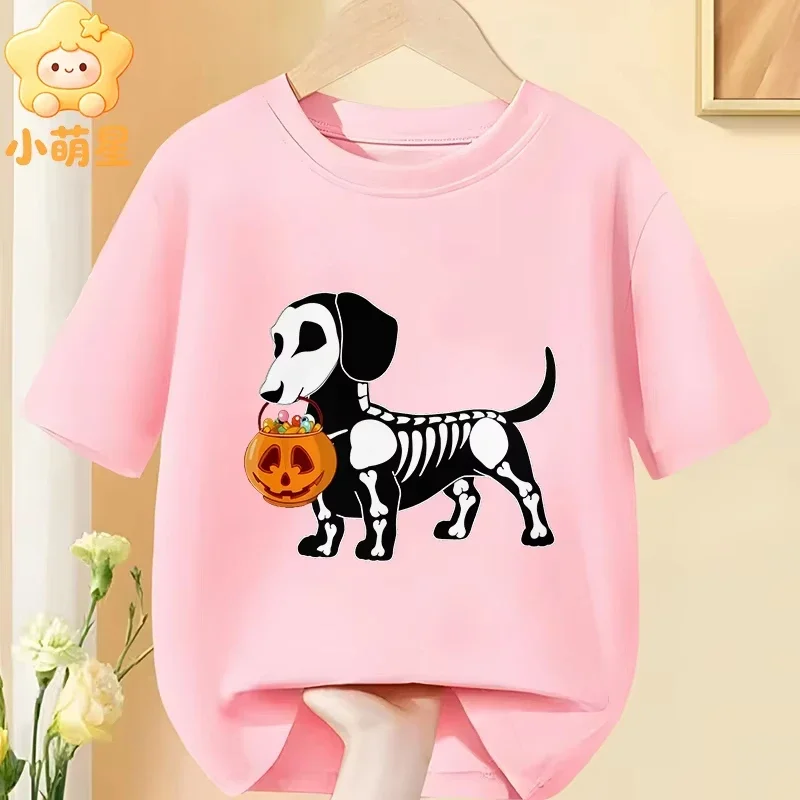 Kids Fun Halloween Skeleton Dachshund Print T Shirt Spooky Dog Holding Pumpkin Candy Bucket Short Sleeve Casual Tee For Boys Gir