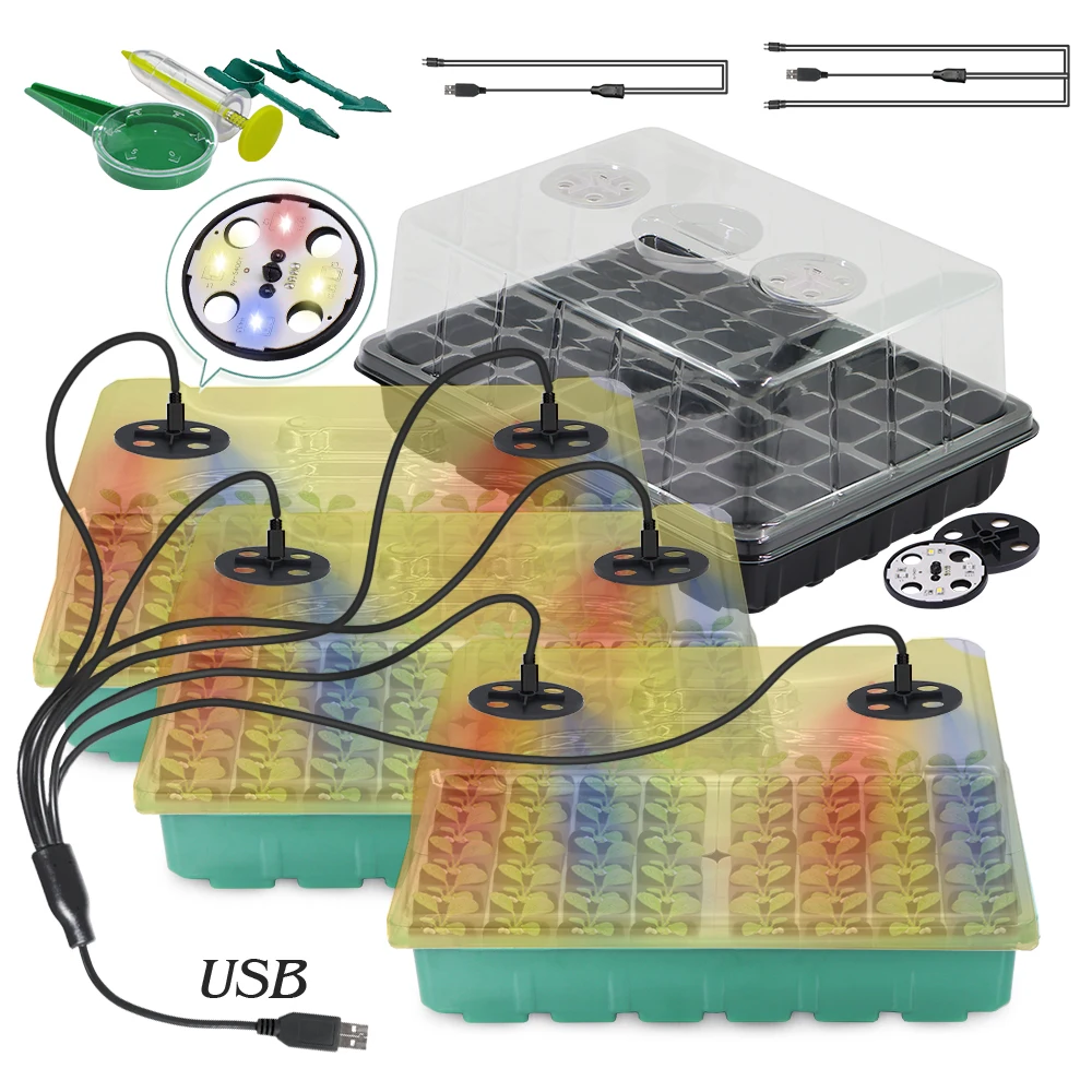

48 Cells 16cm Tall Seedling Starter Tray with Full Spectrum LED Grow Light Humidity Dome Plant Germination Grow Box Growth Pots