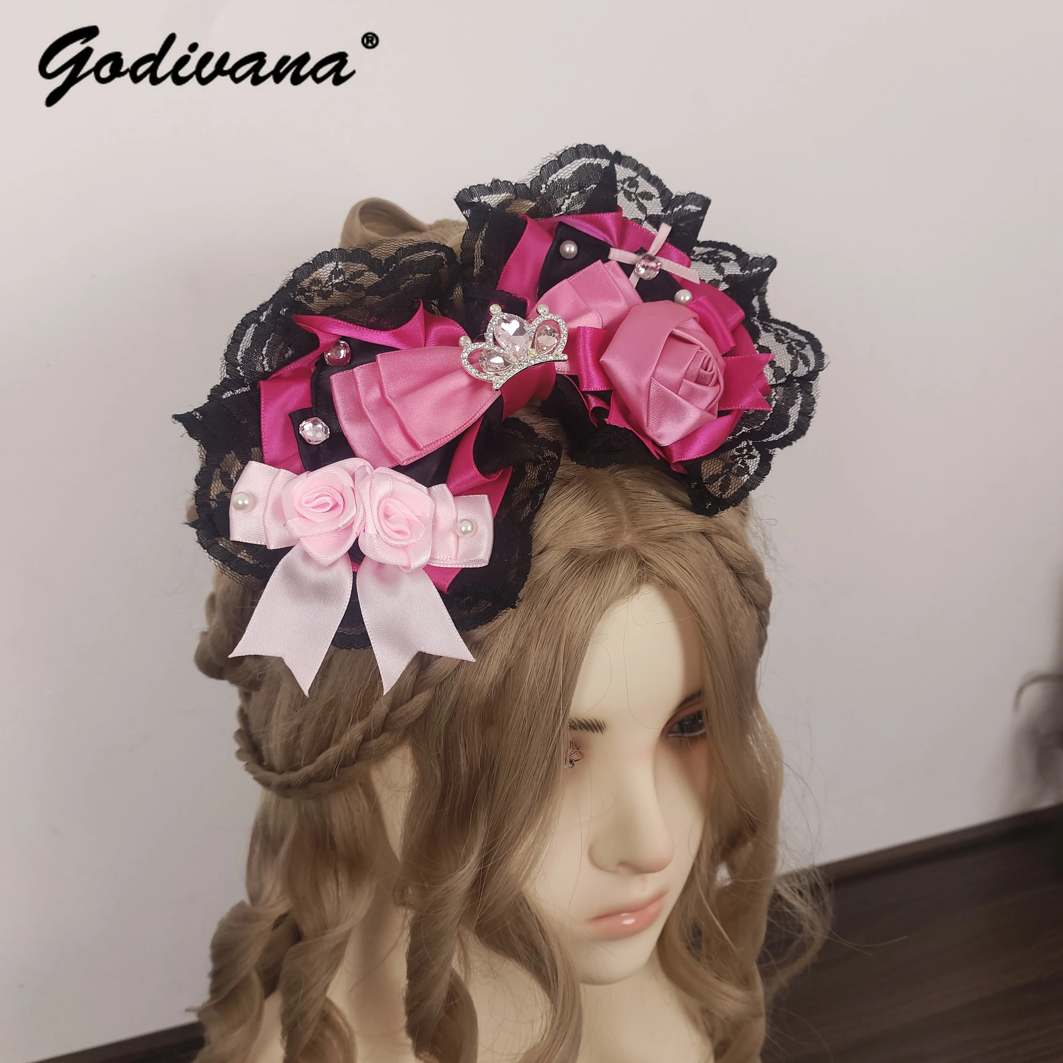 

Mars Style Handmade Rhinestone Crown Satin Lace Flower Hair Clip Subculture Girls Female Lolita Big Bow Hairpin Side Clips