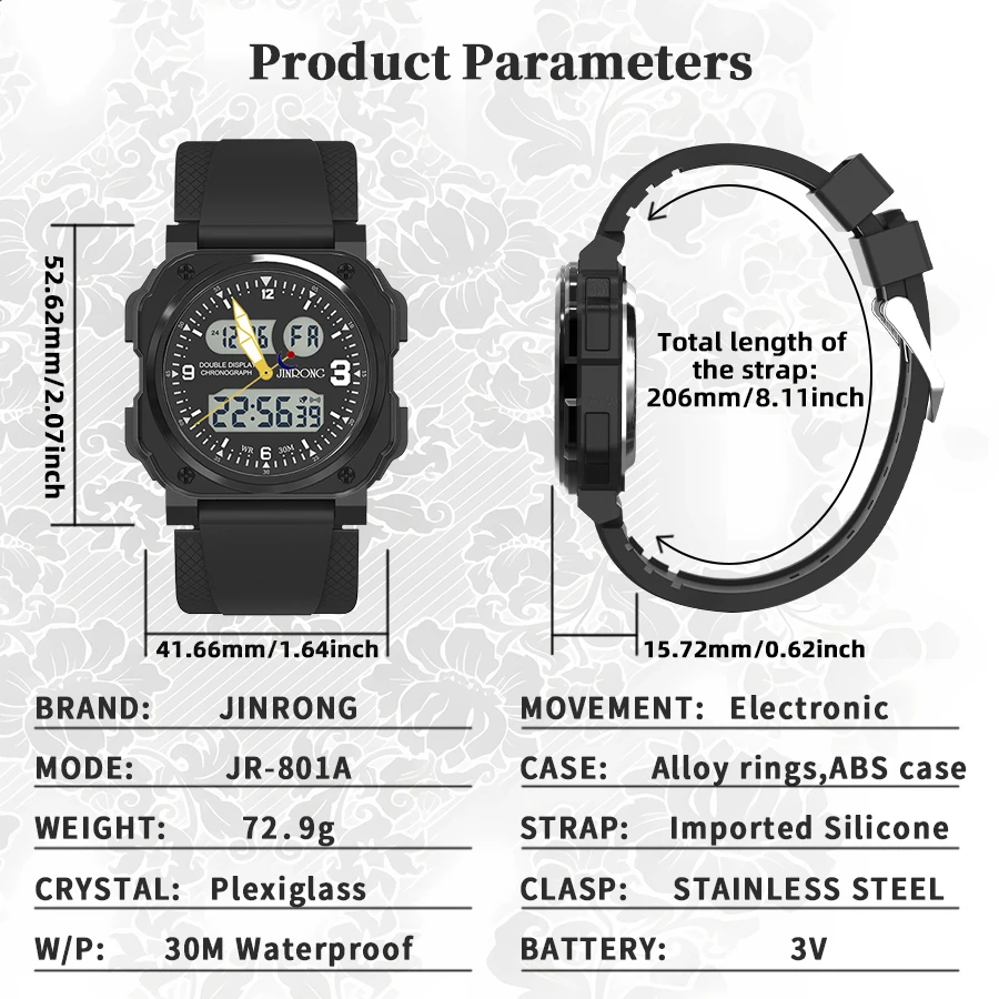 JINRONG ثلاثة مؤشرات متزامنة ساعة رقمية رياضية للرجال مقاوم للماء العد التنازلي الإلكتروني ساعات المعصم للرجال