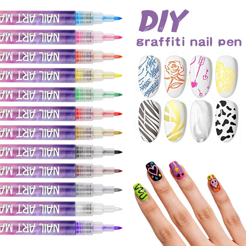 Quick Drying Nail Color Graffiti Marker Pen, 12 Color Nail Art Painting Special Pen Set, Easy to Use Portable Nail Acrylic Pen