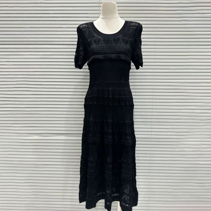 مجموعة فساتين CHUJIE 2025 الصيفية المحبوكة - فستان جاكار دانتيل بقصة ضيقة برقبة دائرية + زلة، فسكوزي مطاطي + مزيج نايلون #5