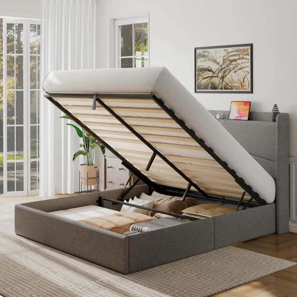 Queen Size Bed Frame with Charging Station, Wingback Upholstered Platform Beds Frames, Lift Up Storage Bed Frame