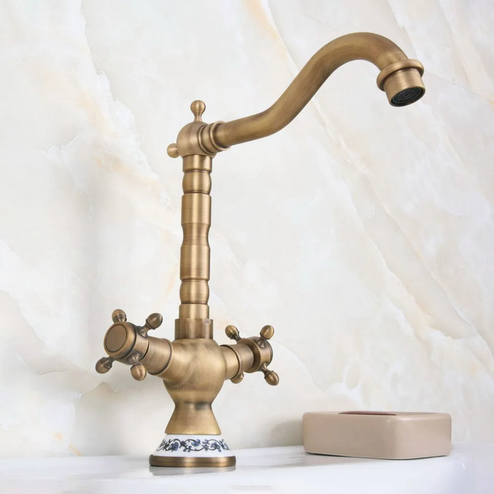 Robinets de lavabo en Bronze Antique laiton | Robinet d\'évier de salle de bains, robinet de cuisine pivotant à 360 degrés à double poignée robinets