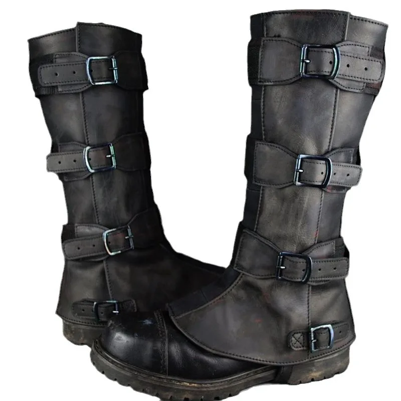 Men's Halloween Medieval Knight Pirate Leg Armor Steampunk Shoes and Boots Retro Renaissance Motorcycle Leggings Cosplay Costume