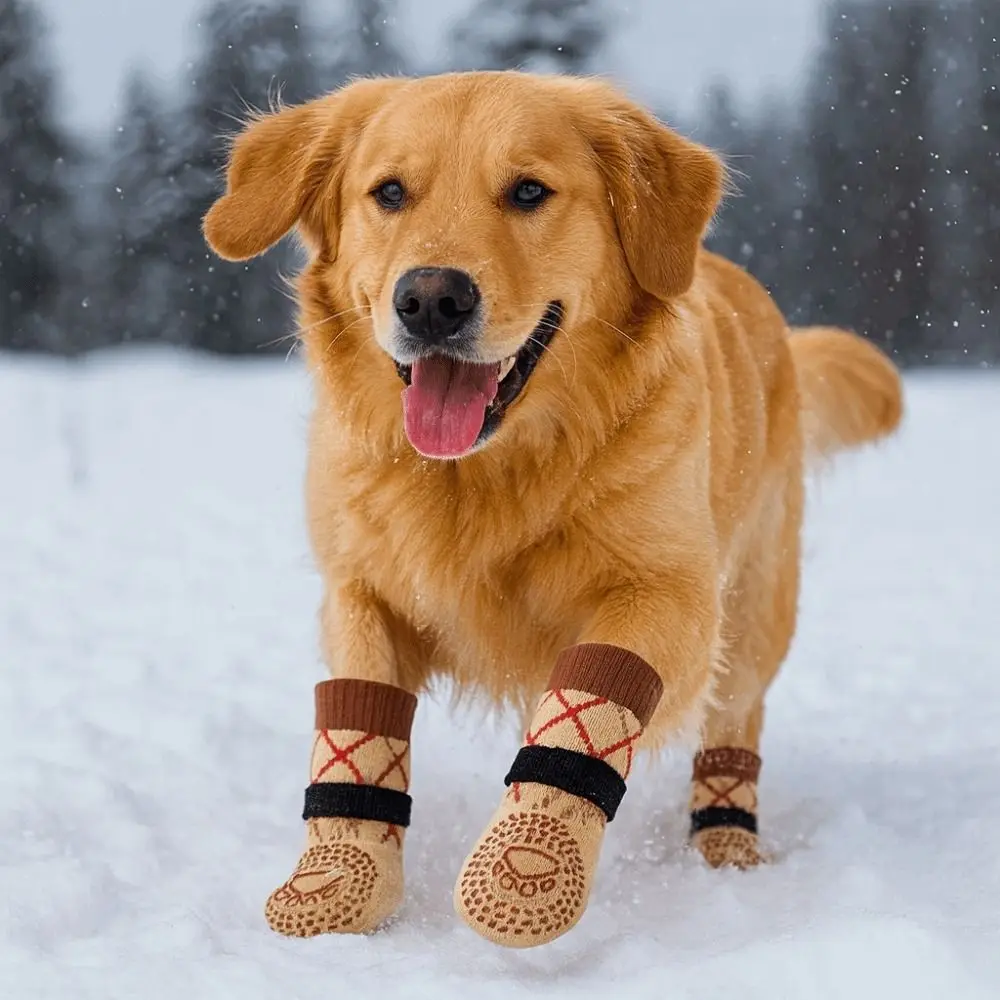 4pcs/set Thickened Anti-Slip Dog Socks Adjustable Breathable Dog Foot Covers Knitted Comfortable Puppy Warm Sock for All-Season