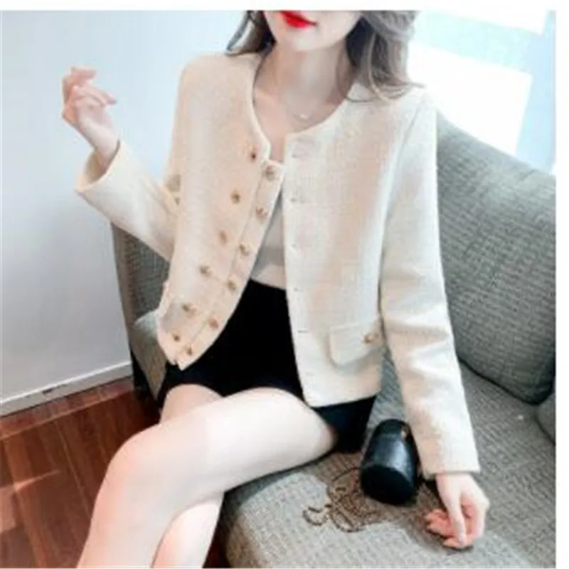 

Women's 3-Color Autumn New Retro Blazers Double-Breasted Temperament Round Neck Long-Sleeved Short Suit Jacket