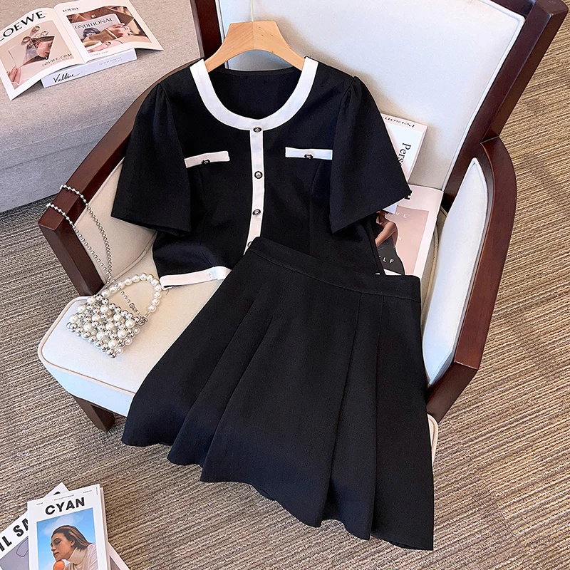 Women Summer Office Two Piece Set Short Sleeve Round Neck Tops And Mini Skirt Casual Cotton Plus Size Black Green Suit Tracksuit